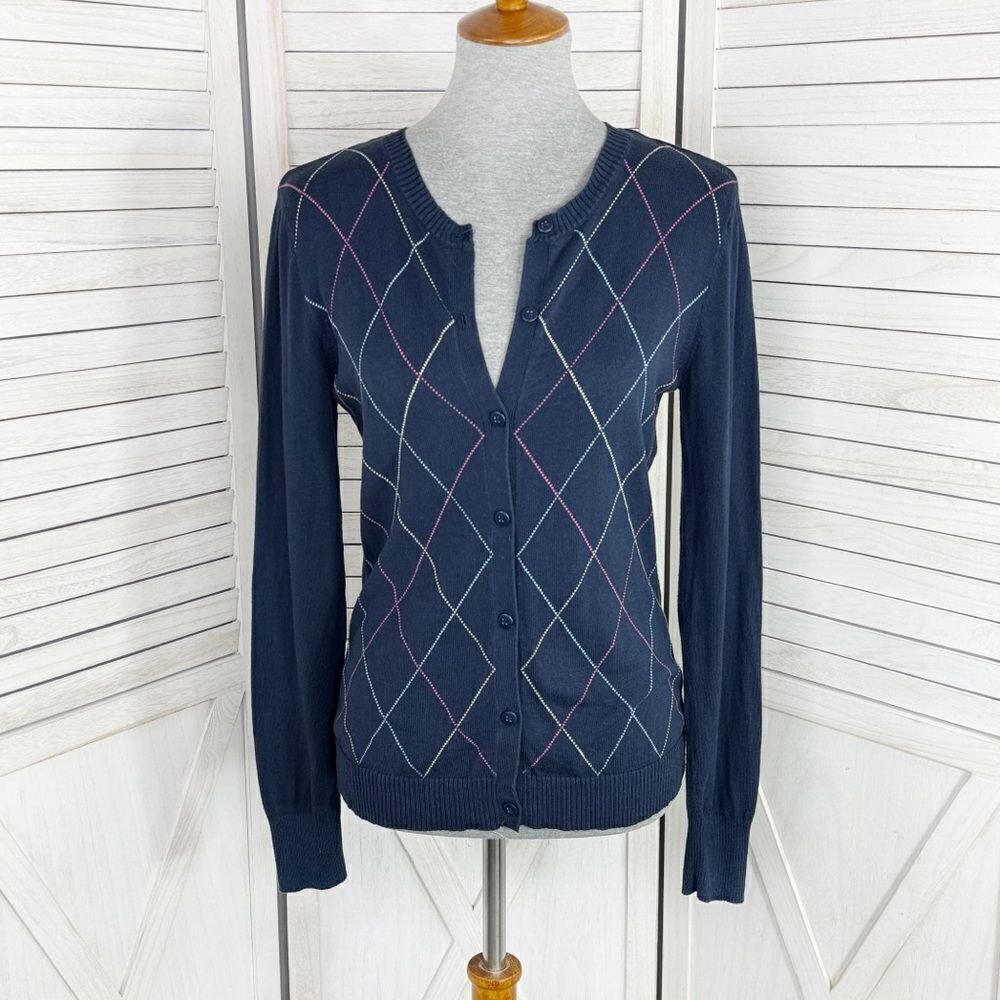 Cherokee Vintage Argyle Button Front Cardigan Sweater Blue Multi Medium‎